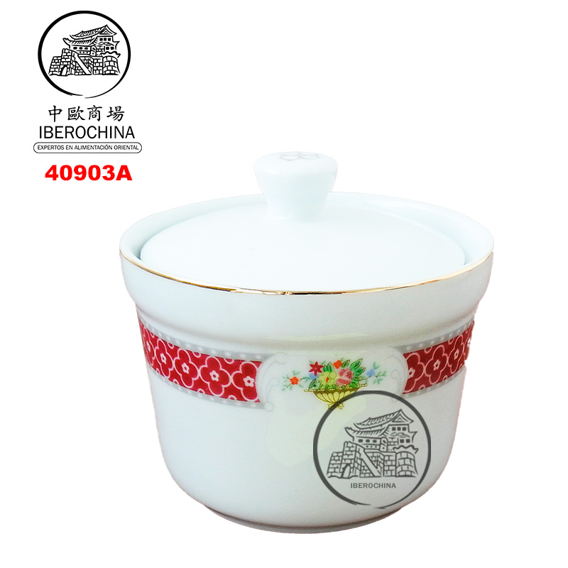 CUENCO ROJO CON TAPA 瓷金红花直身盅 /48