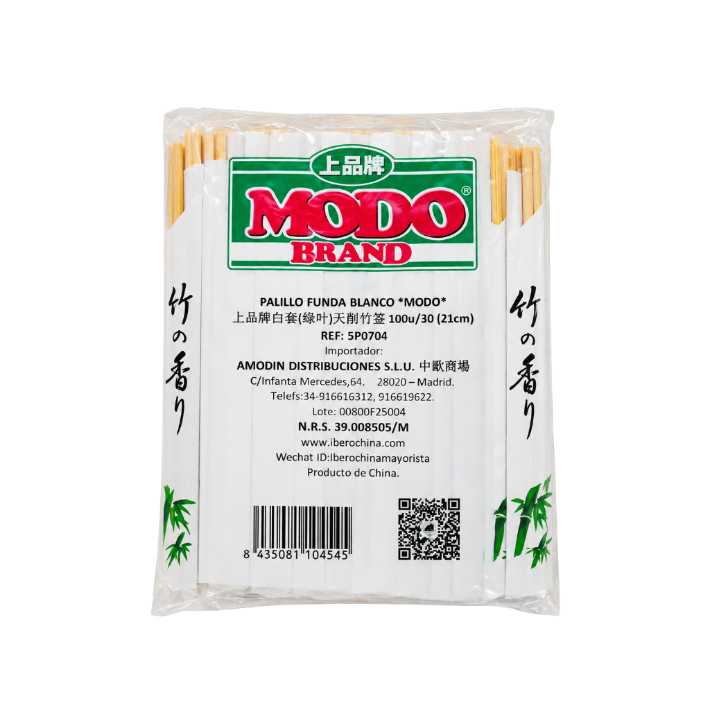 PALILLO FUNDA BLANCA HOJA *MODO* 上品白套绿叶天削竹筷 21cm/100u/30