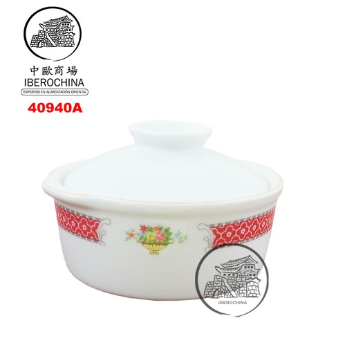 [40940A] CUENCO CON TAPA Y DOUBLE MANGO 瓷金红花双耳盅 /48